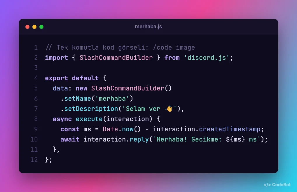 CodeBot Midnight temasında JavaScript kod görseli